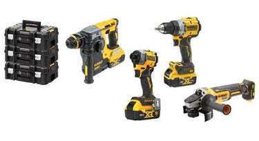 DeWALT DCK4006P3T-IT - KIT 4 XR 18V Trapano con percussione 2 vel DCD805 + Avvitatore impulsi 1/4" DCF850 + Smerigliatrice 125mm DCG405 + Tassellatore SDS-Plus 18V 24 mm DCH273 + 3 x 18V XR 5Ah DeWALT