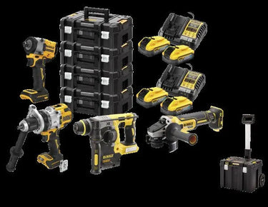 DeWALT DCK5017H4T-IT - KIT 5 XR 18V Trapano con percussione 3 vel DCD1007 + Tassellatore SDS-Plus 24 mm DCH273 + Smerigliatrice angolare 125mm DCG405 + Avvitatore ad impulsi 4 modalità DCF922 + 4 x 18V POWERSTACK 5Ah DeWALT