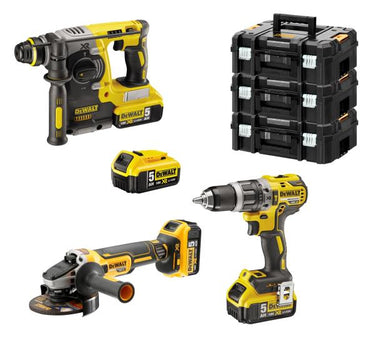 DeWALT DCK353P4T-IT - KIT 3 elettroutensili XR 18V Tassellatore SDS-Plus 24mm DCH273 + Trapano con percussione 2 Velocità DCD796 + Smerigliatrice 125mm DCG405 - 4 x 5Ah